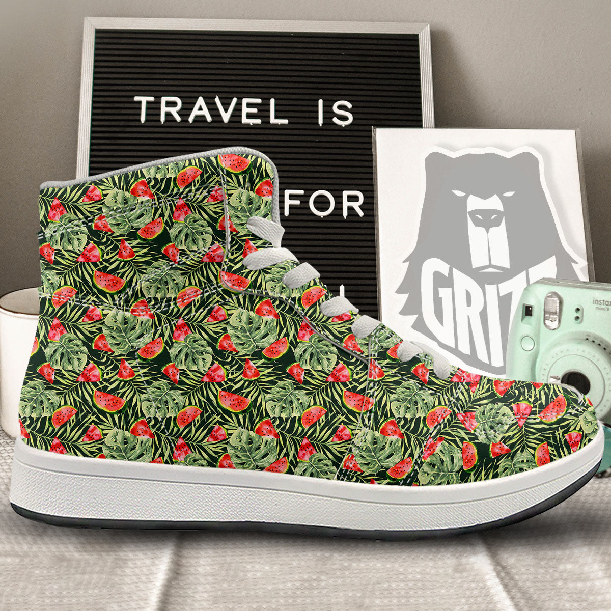 Leaf Palm Watermelon Black Print Pattern High Top Sneakers-grizzshop