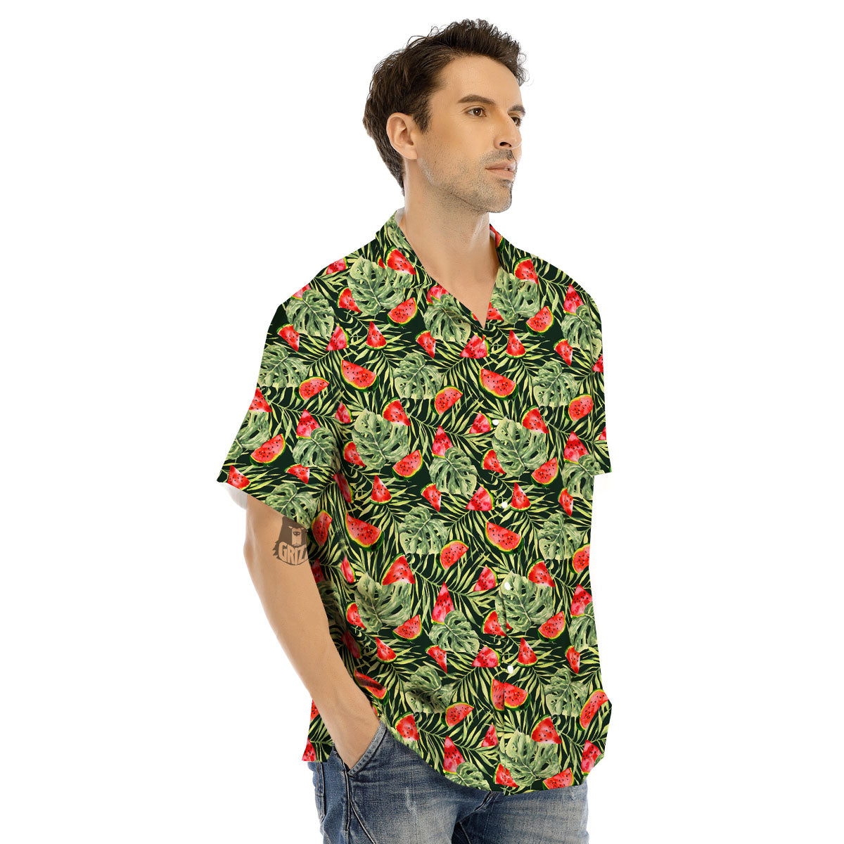 Leaf Palm Watermelon Black Print Pattern Men's Hawaiian Shirt-grizzshop
