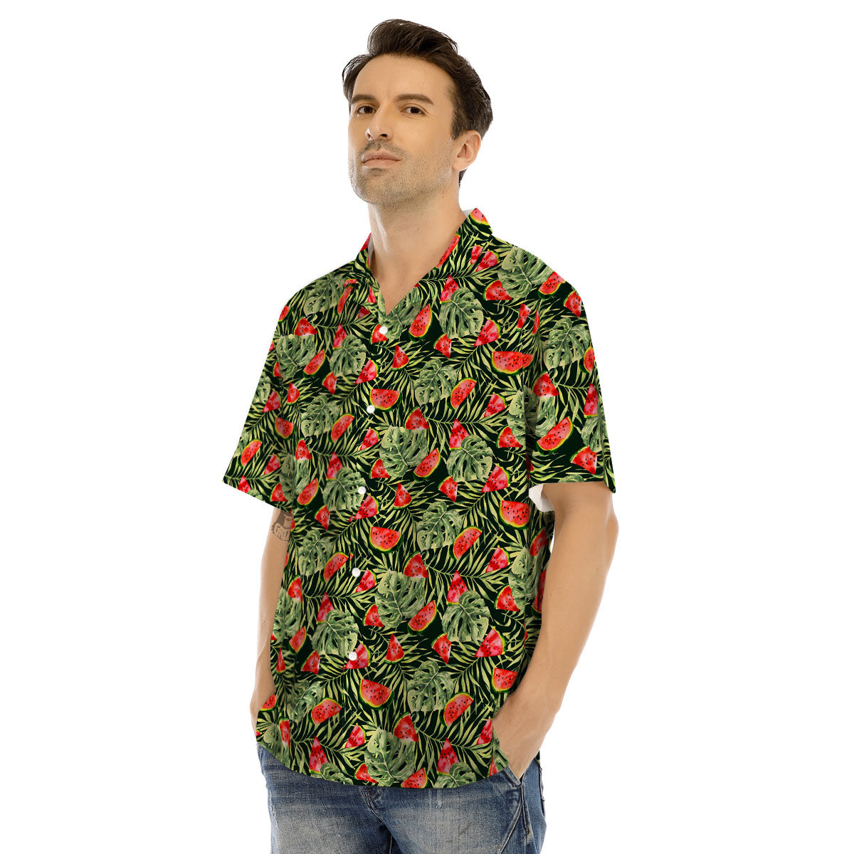 Leaf Palm Watermelon Black Print Pattern Men's Hawaiian Shirt-grizzshop