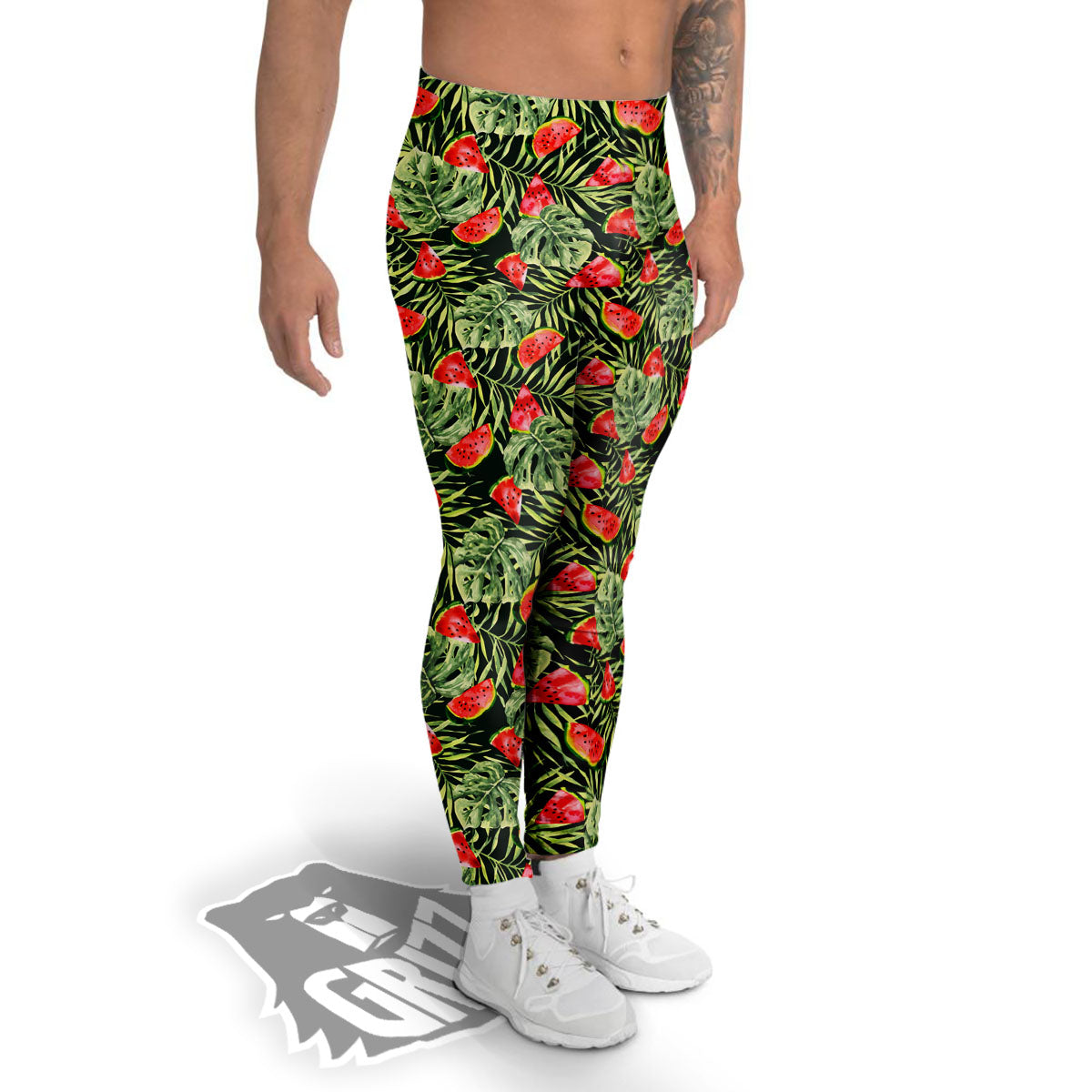 Leaf Palm Watermelon Black Print Pattern Men's Leggings-grizzshop