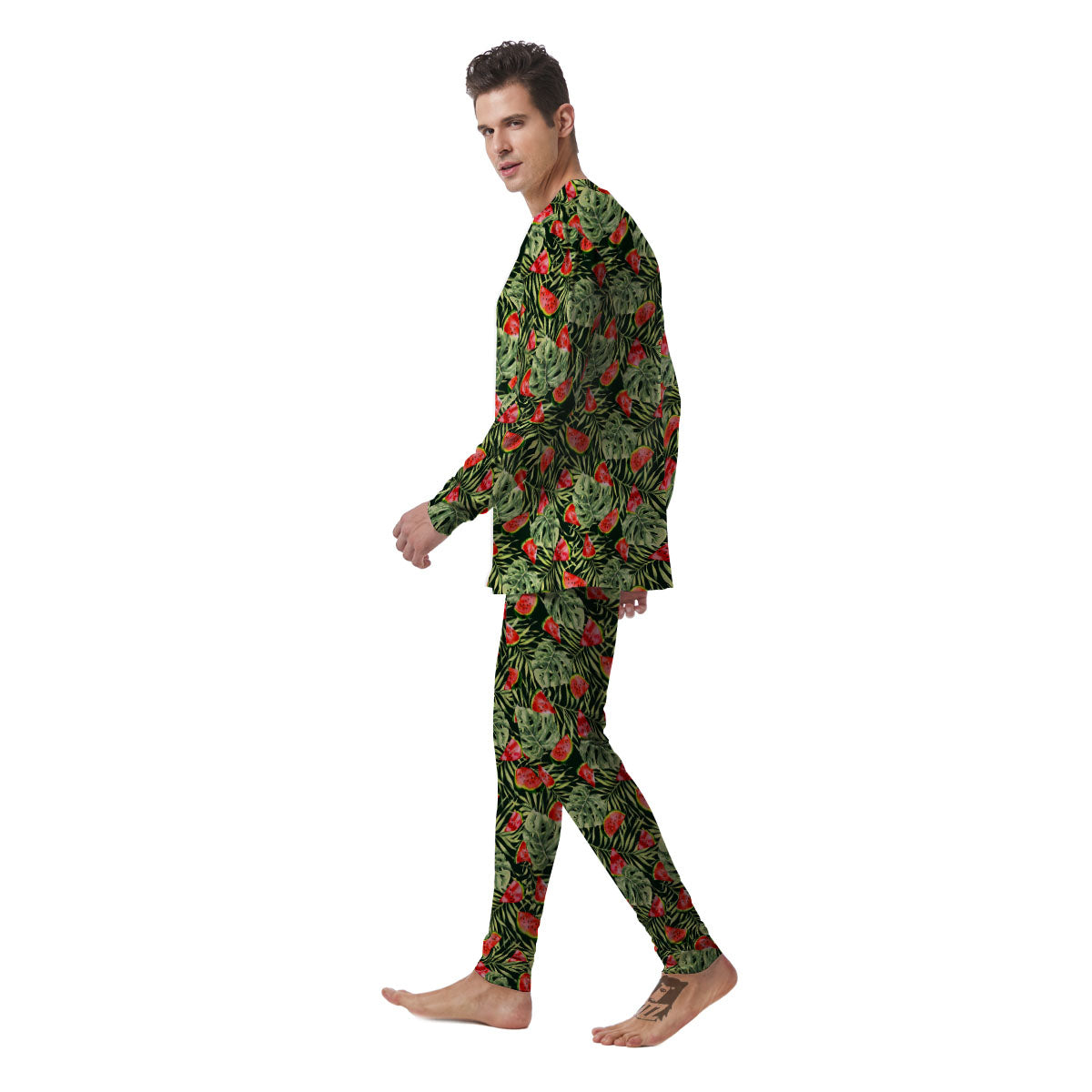 Leaf Palm Watermelon Black Print Pattern Men's Pajamas-grizzshop
