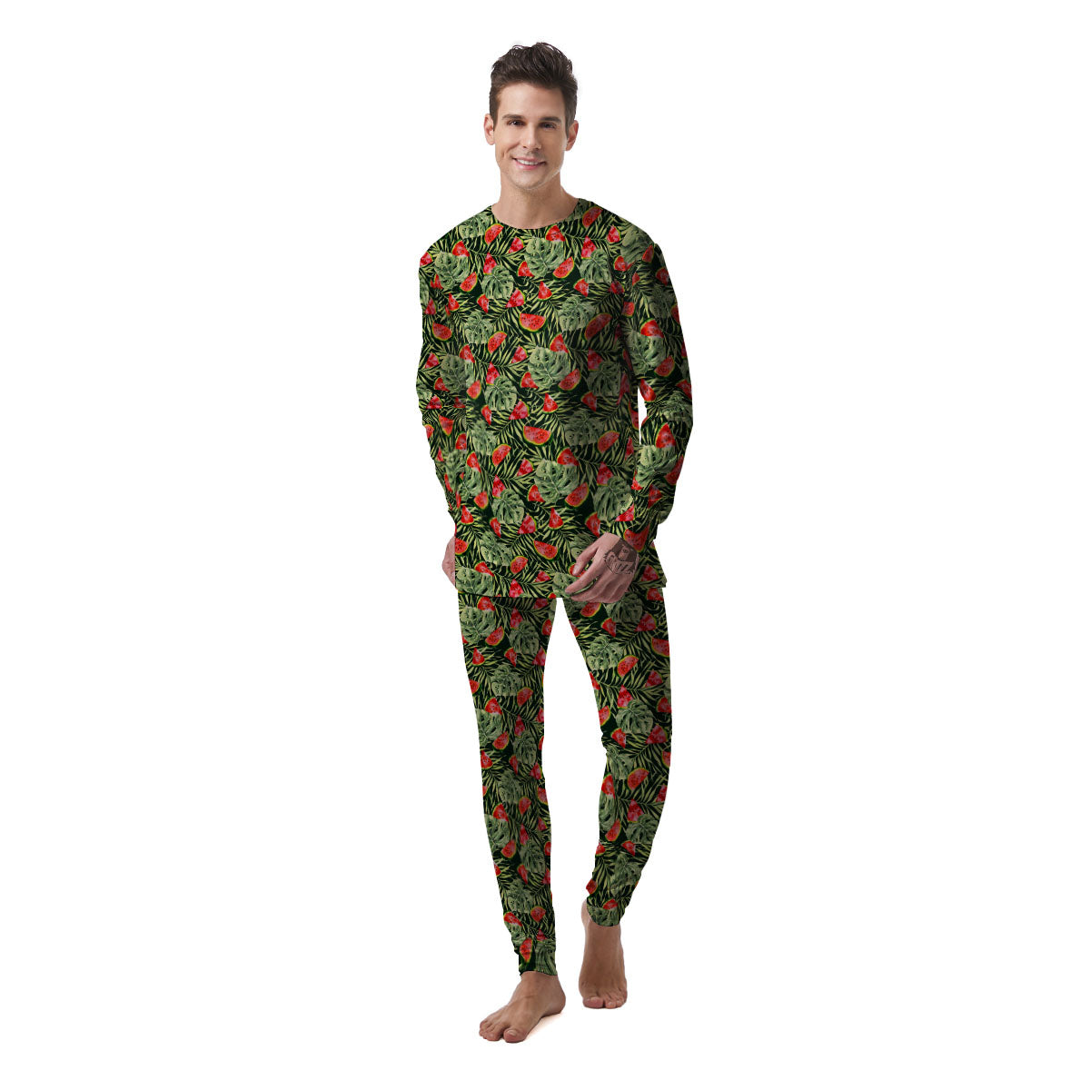 Leaf Palm Watermelon Black Print Pattern Men's Pajamas-grizzshop