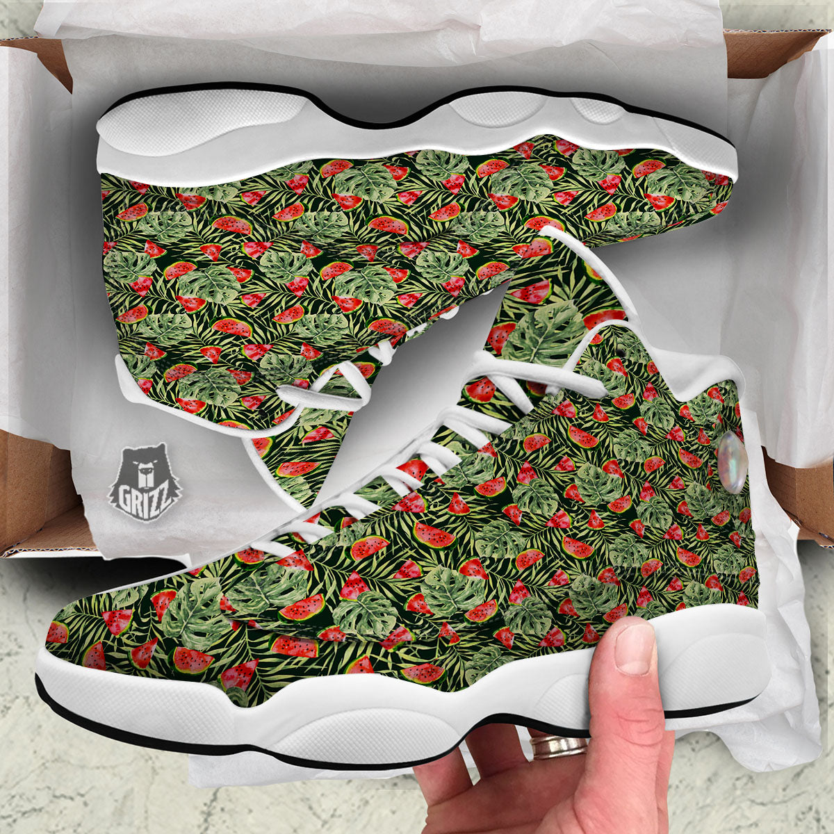 Leaf Palm Watermelon Black Print Pattern White Basketball Shoes-grizzshop
