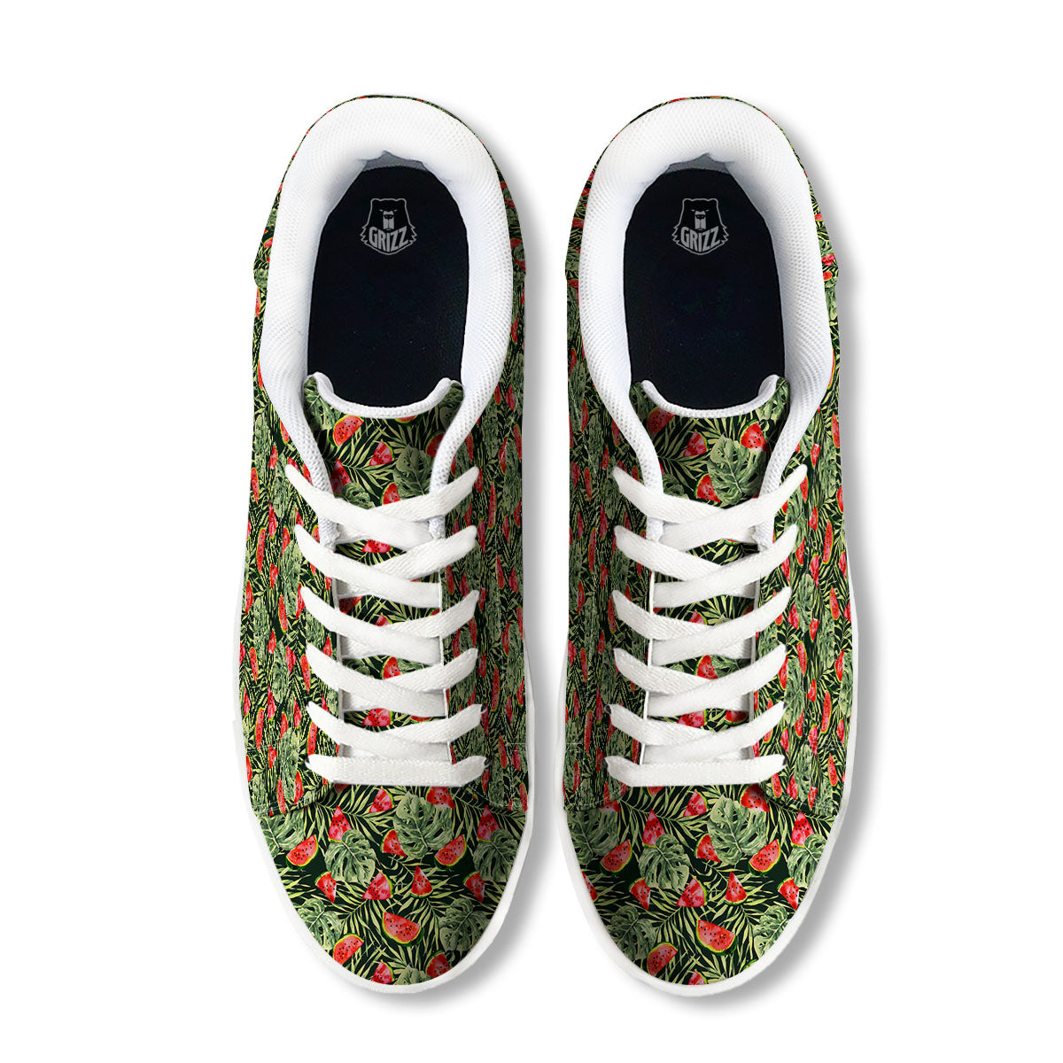 Leaf Palm Watermelon Black Print Pattern White Low Top Sneakers-grizzshop