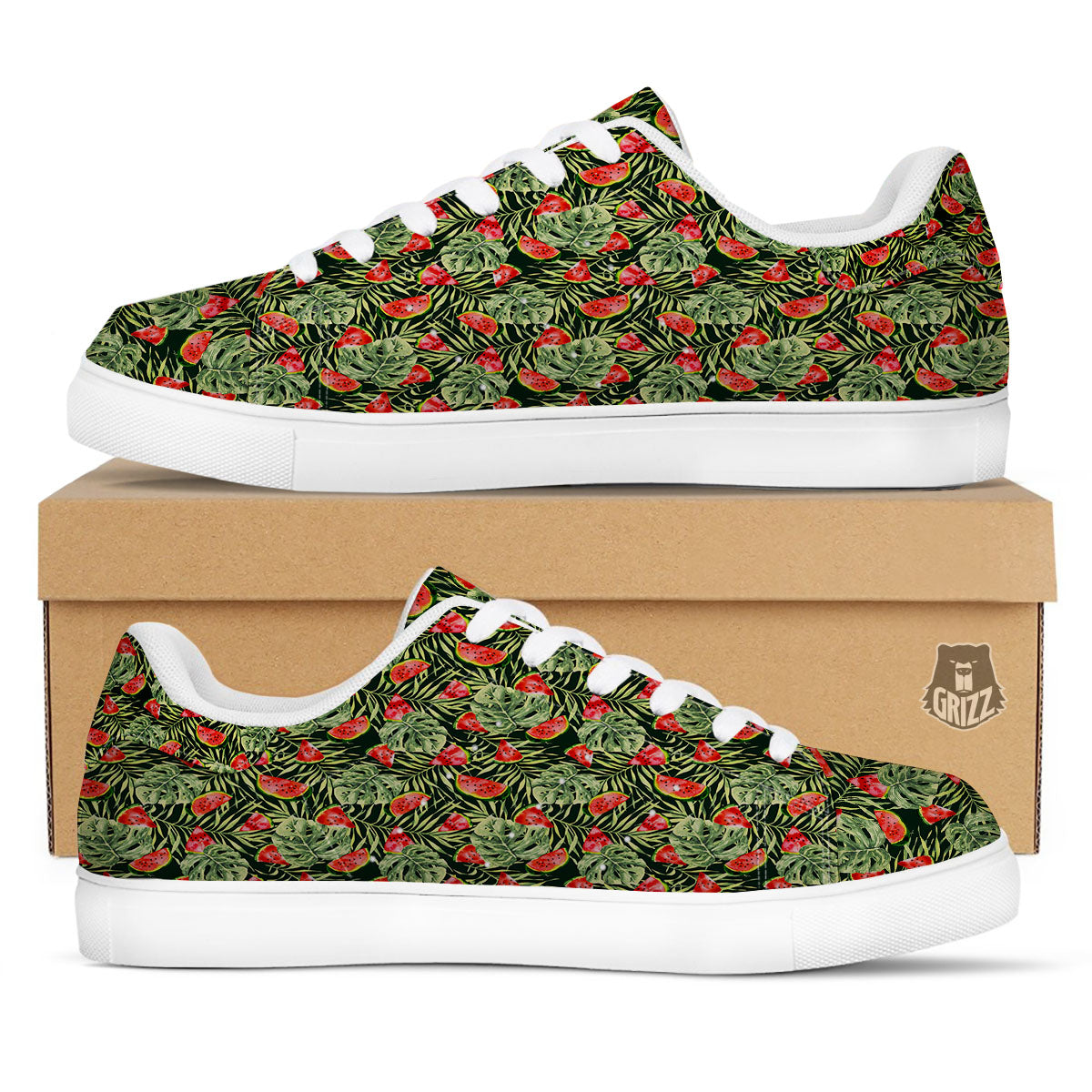 Leaf Palm Watermelon Black Print Pattern White Low Top Sneakers-grizzshop