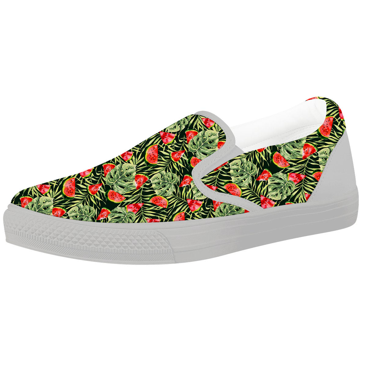 Leaf Palm Watermelon Black Print Pattern White Slip On Shoes-grizzshop