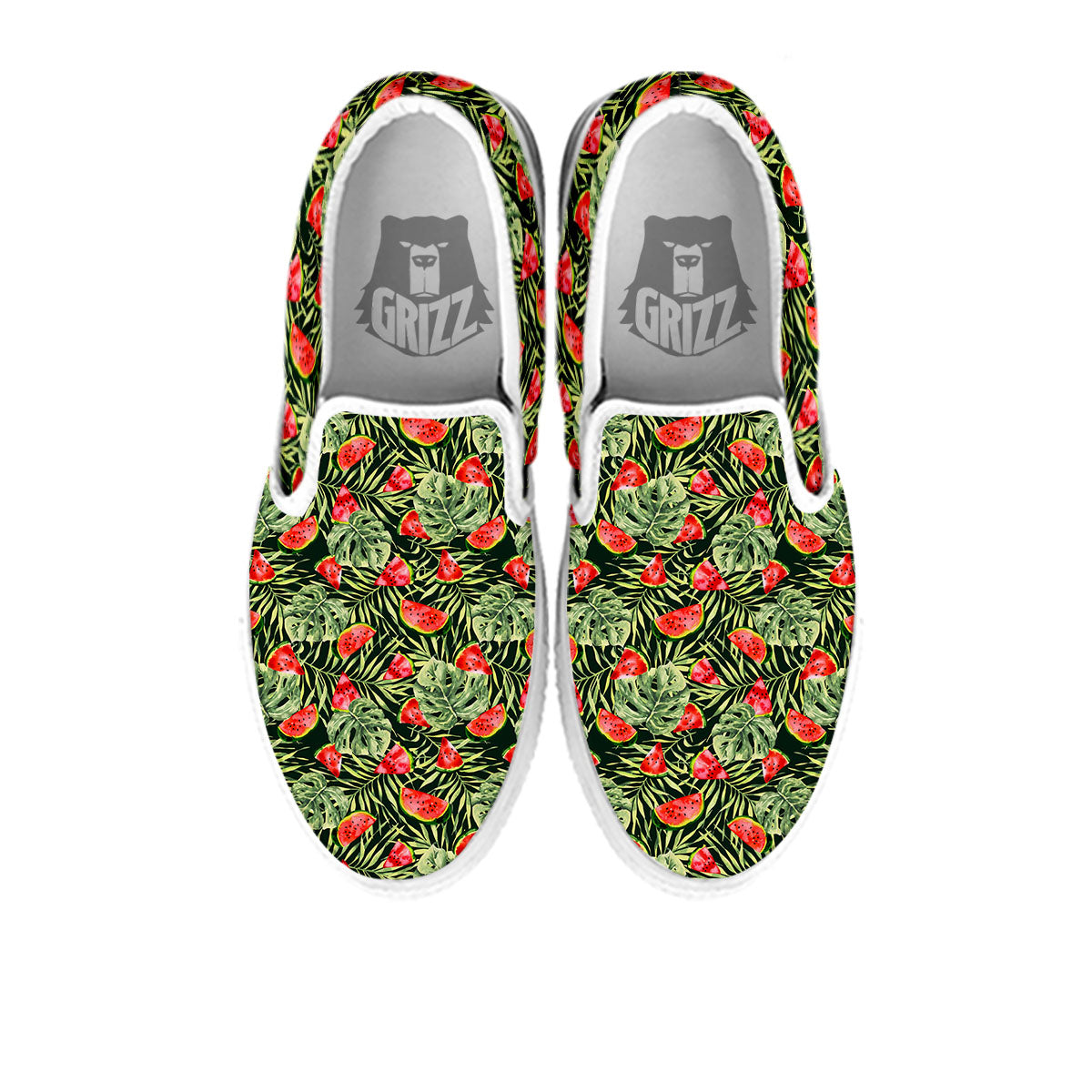 Leaf Palm Watermelon Black Print Pattern White Slip On Shoes-grizzshop