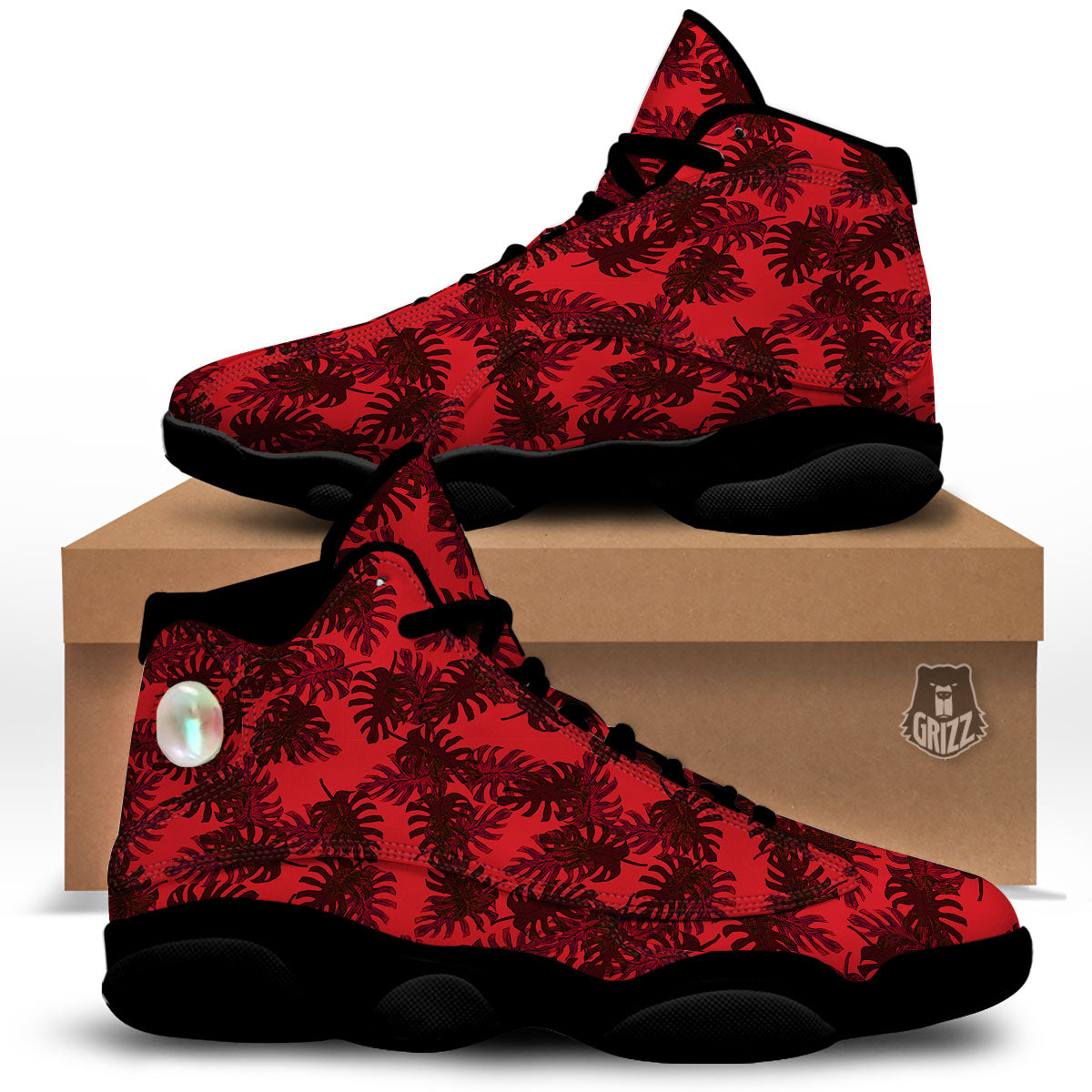 Leaf Red Print Pattern Black Basketball Shoes-grizzshop
