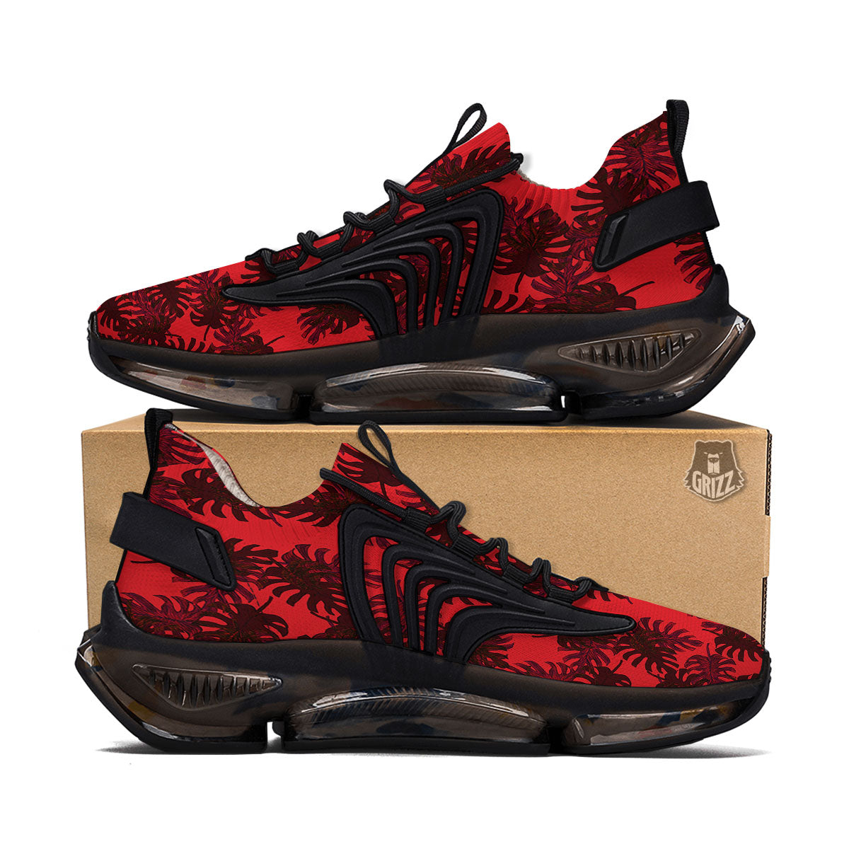 Leaf Red Print Pattern Black Gym Shoes-grizzshop
