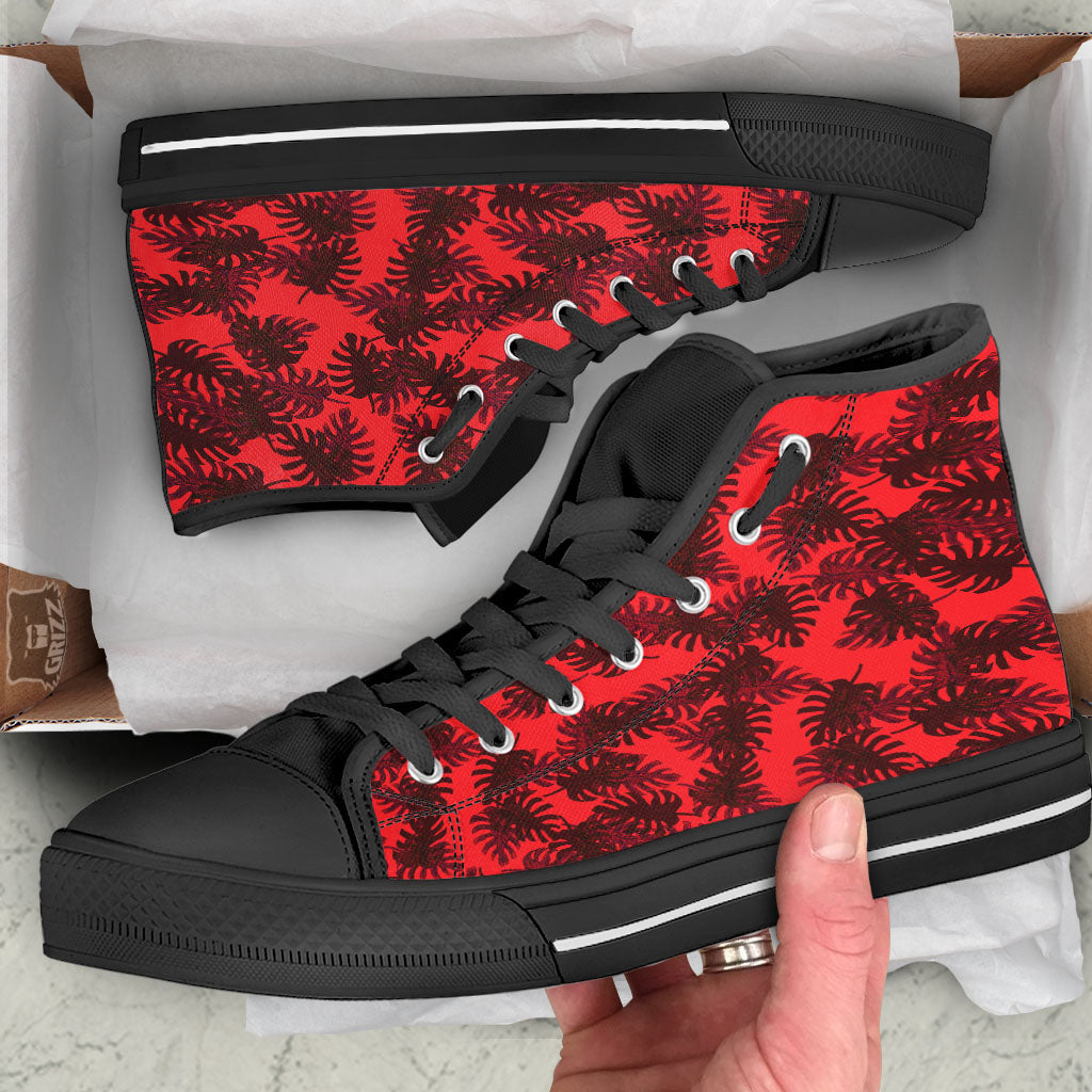 Leaf Red Print Pattern Black High Top Shoes-grizzshop