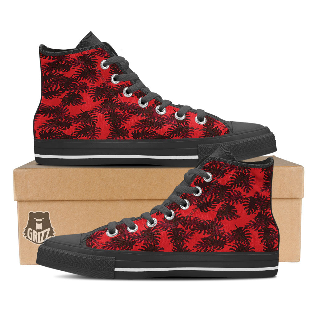 Leaf Red Print Pattern Black High Top Shoes-grizzshop