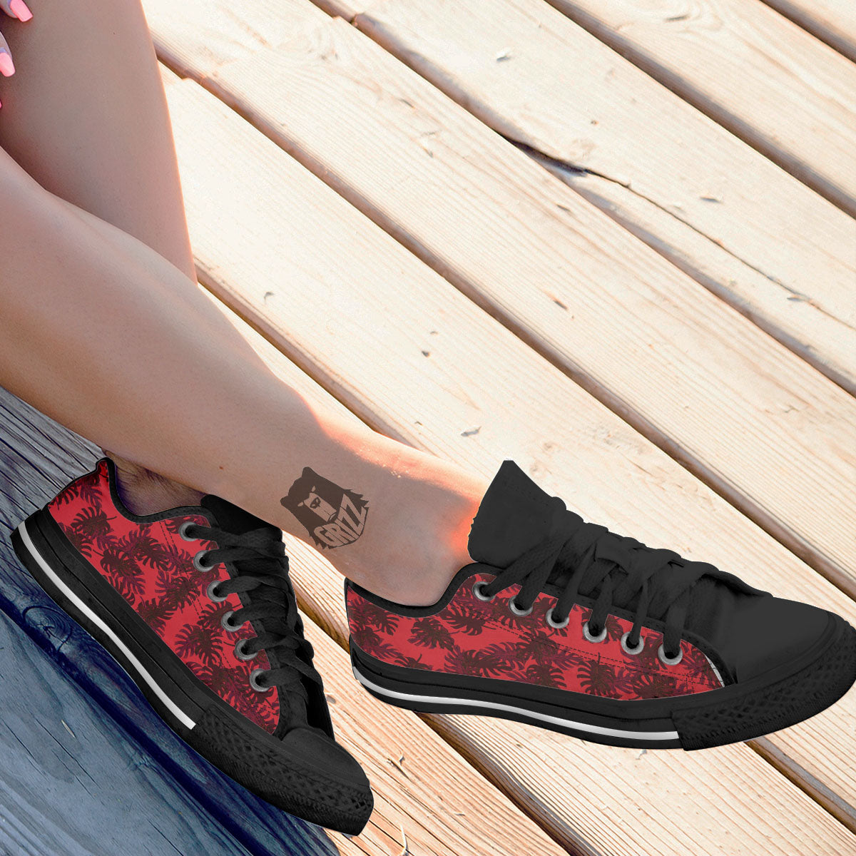 Leaf Red Print Pattern Black Low Top Shoes-grizzshop