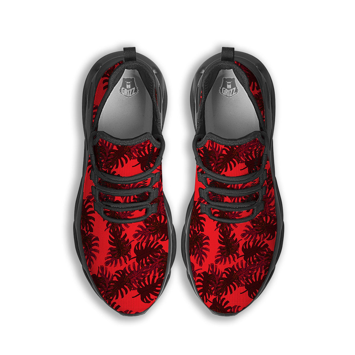Leaf Red Print Pattern Black Running Shoes-grizzshop