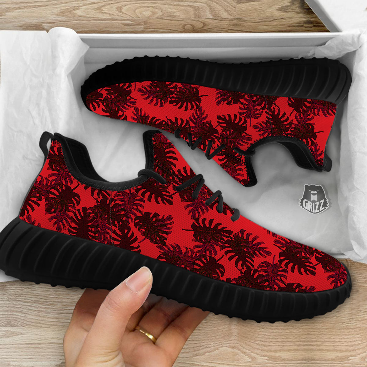 Leaf Red Print Pattern Black Walking Shoes-grizzshop