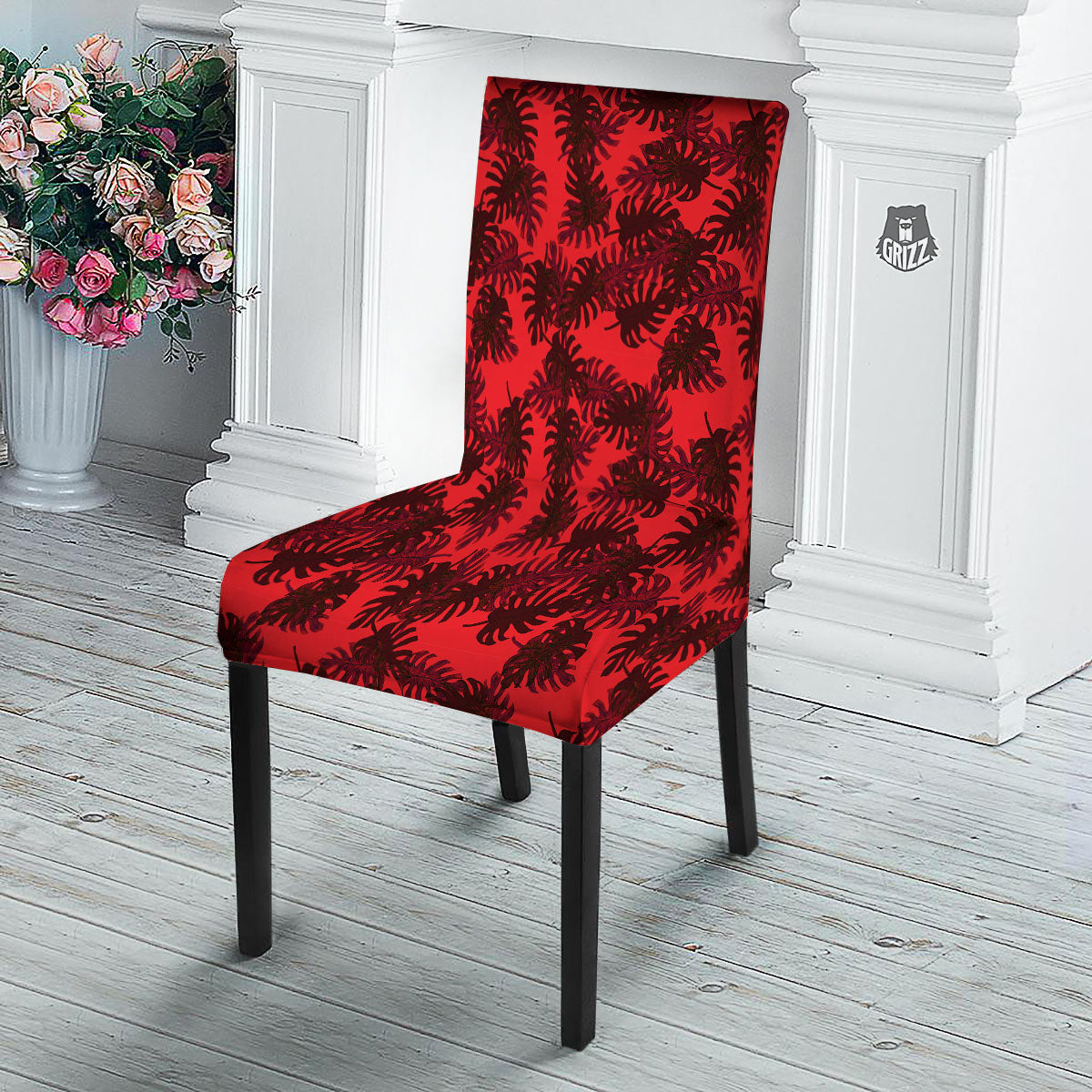 Leaf Red Print Pattern Dining Chair Slipcover-grizzshop