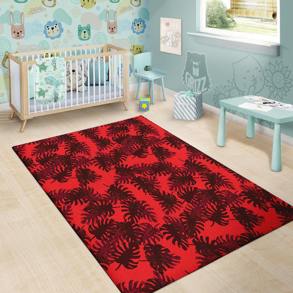 Leaf Red Print Pattern Floor Mat-grizzshop