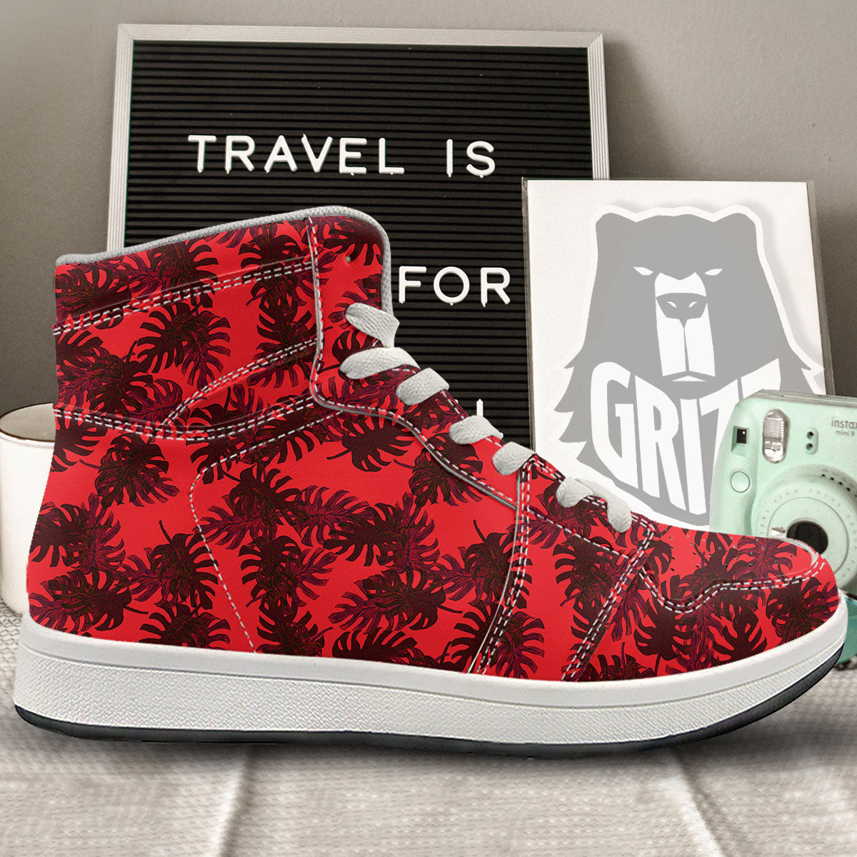 Leaf Red Print Pattern High Top Sneakers-grizzshop