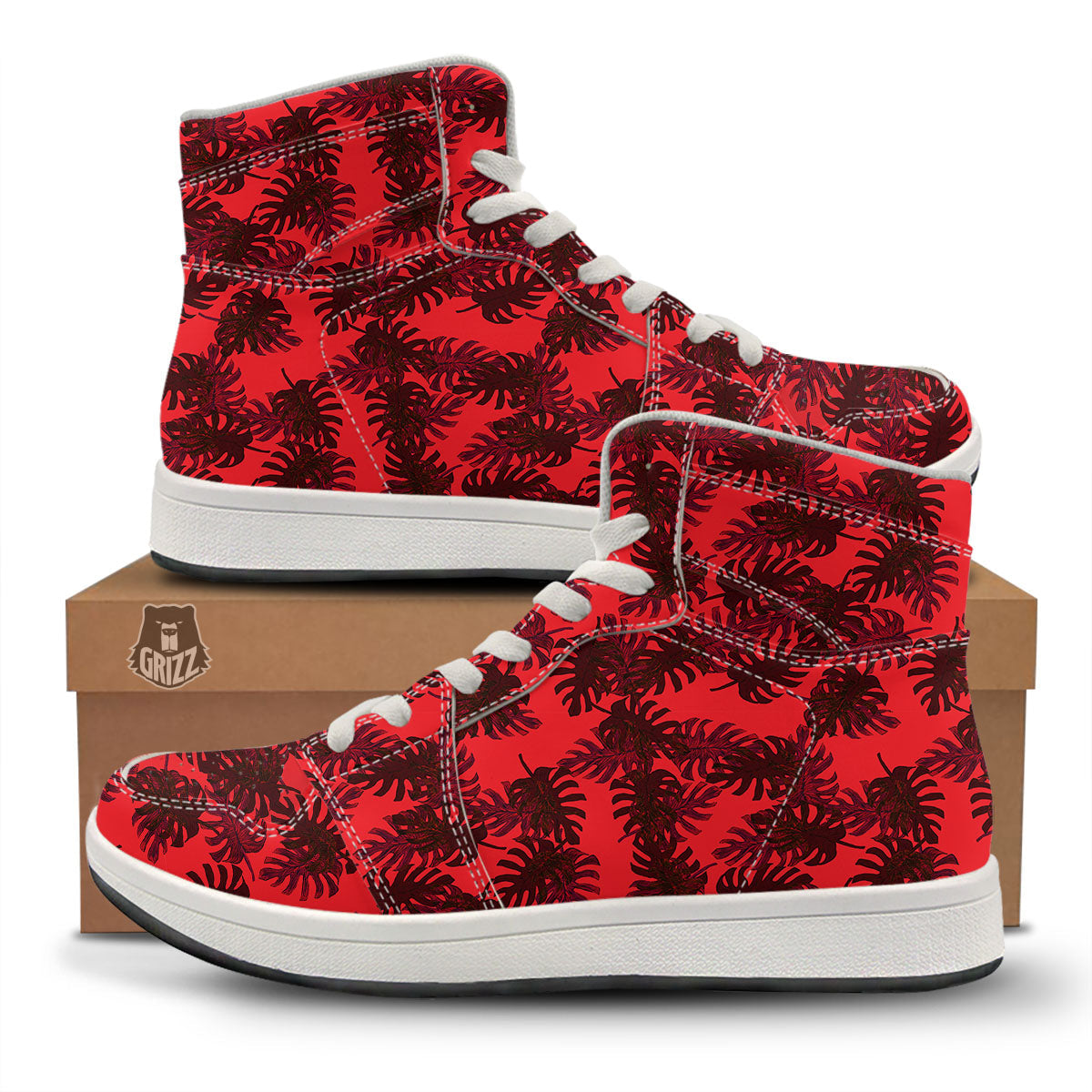 Leaf Red Print Pattern High Top Sneakers-grizzshop