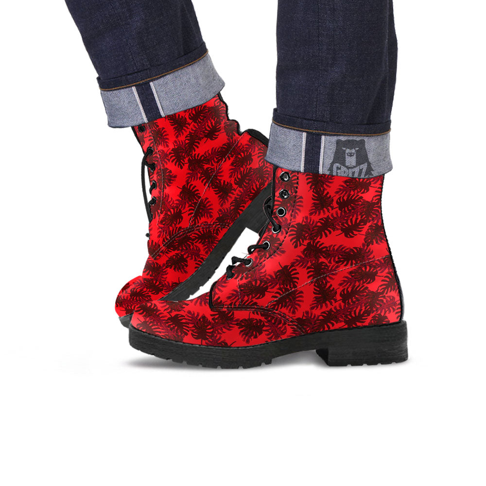 Leaf Red Print Pattern Leather Boots-grizzshop