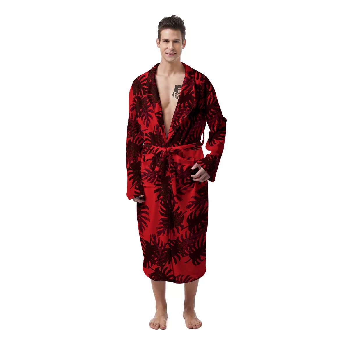 Leaf Red Print Pattern Men's Robe-grizzshop