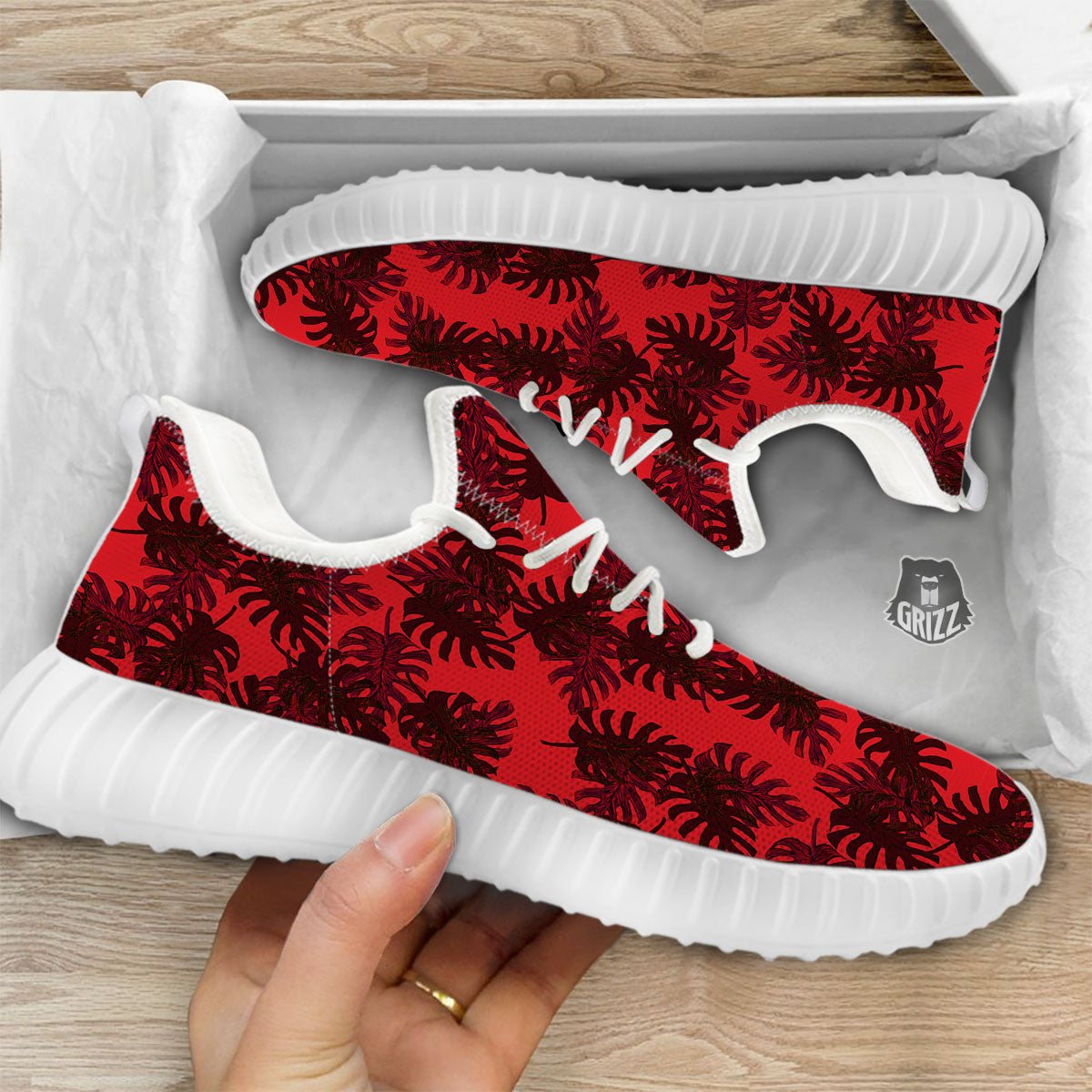 Leaf Red Print Pattern White Walking Shoes-grizzshop