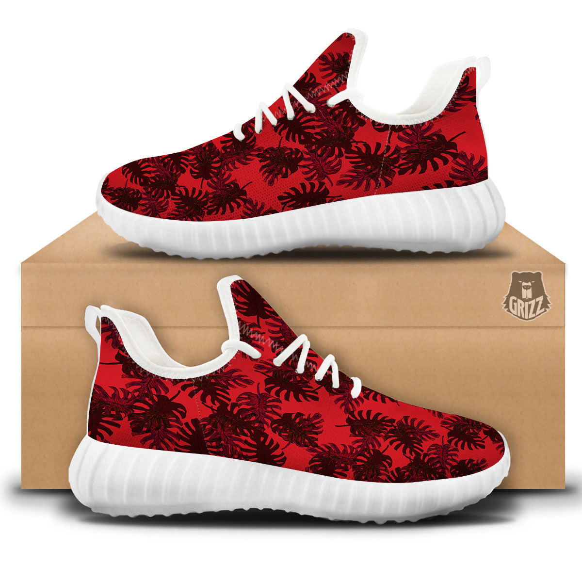 Leaf Red Print Pattern White Walking Shoes-grizzshop