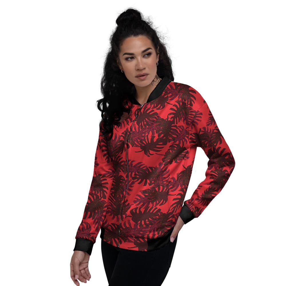 Leaf Red Print Pattern Women's Bomber Jacket-grizzshop