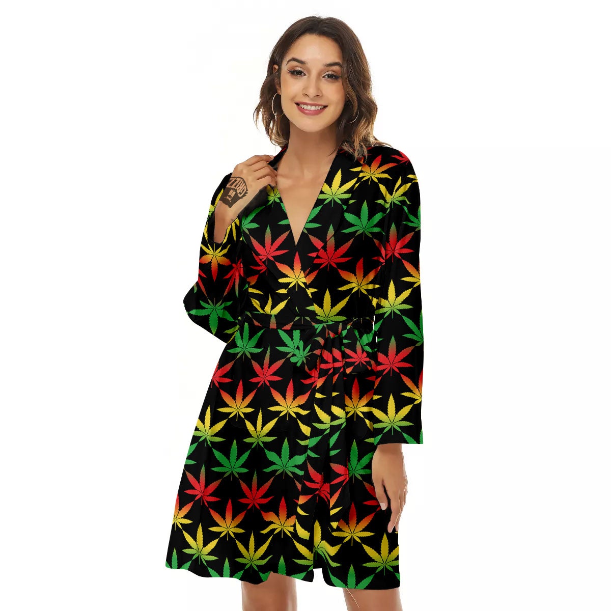 Leaf Reggae Marijuana Print Pattern Women's Robe-grizzshop