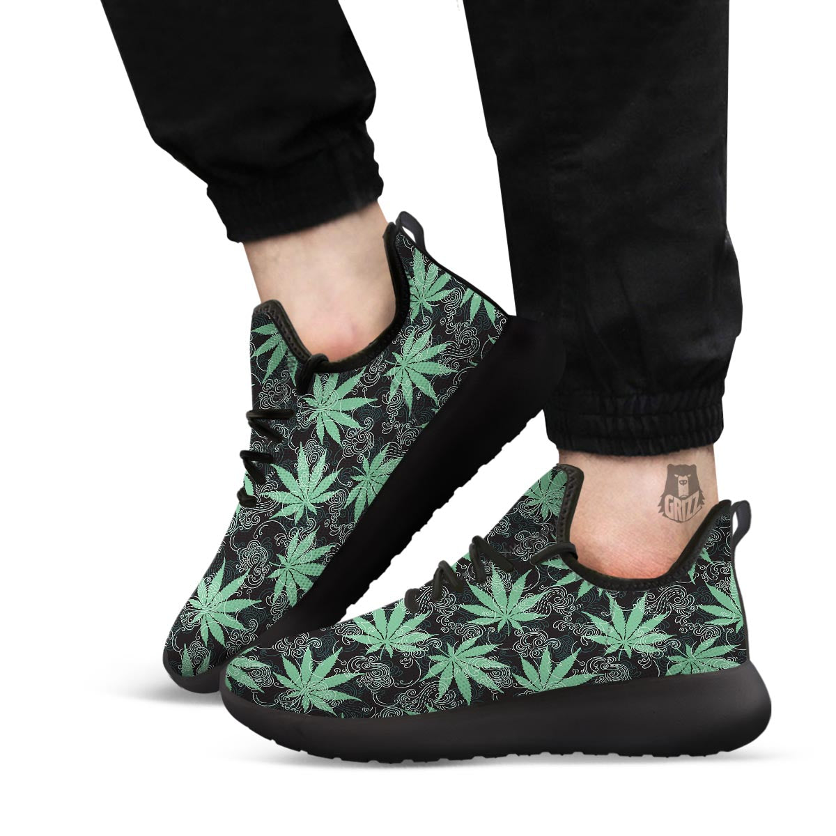 Leaf Swirl Cannabis Print Pattern Black Athletic Shoes-grizzshop