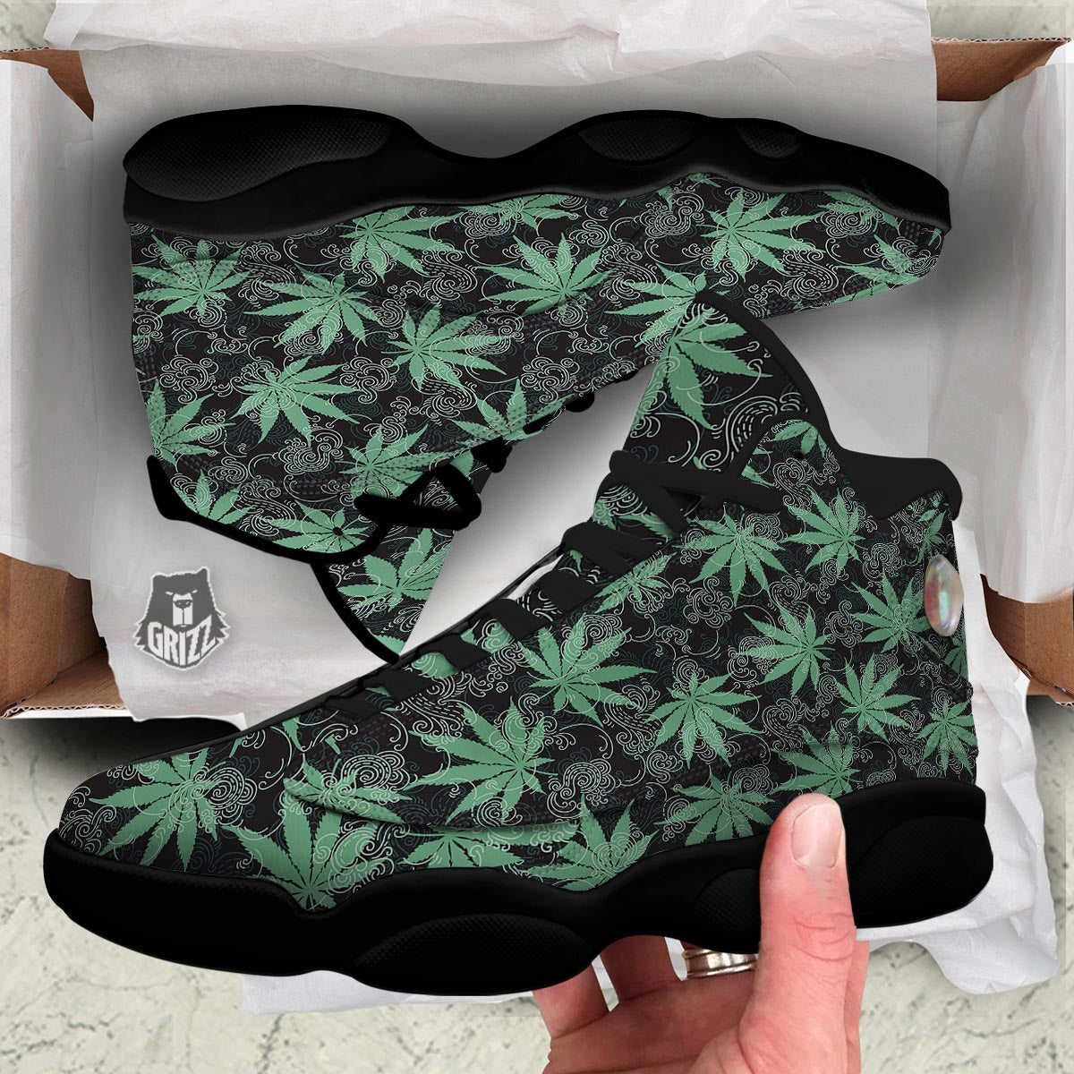 Leaf Swirl Cannabis Print Pattern Black Basketball Shoes-grizzshop