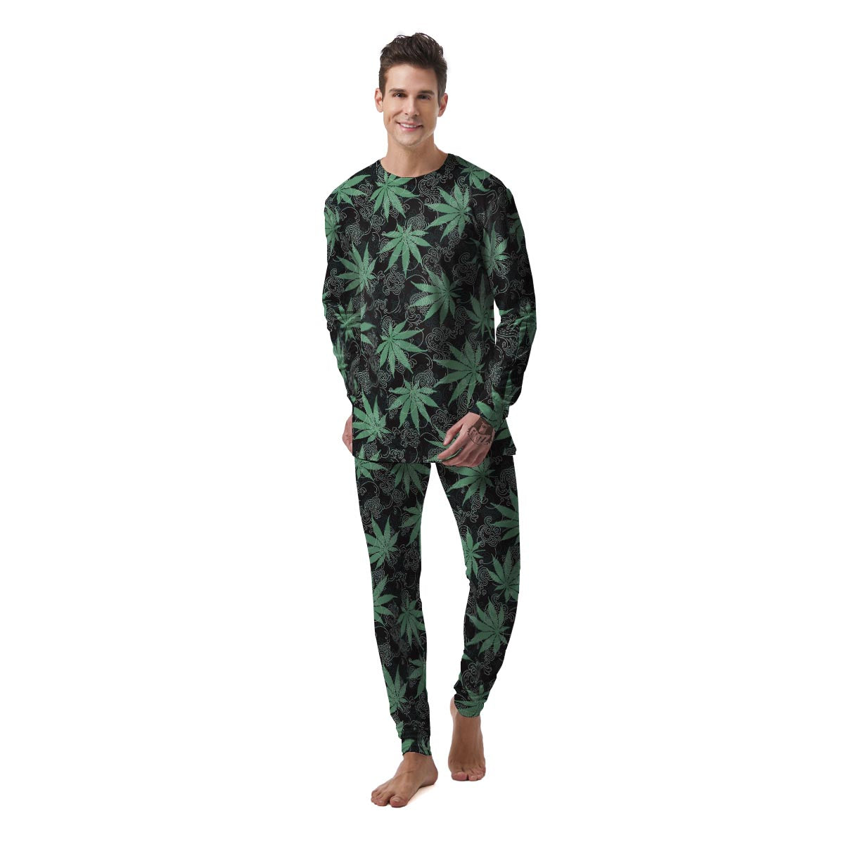 Leaf Swirl Cannabis Print Pattern Men's Pajamas-grizzshop