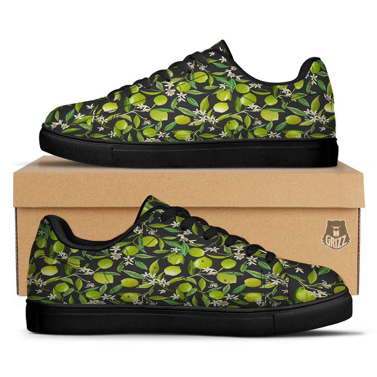 Lemon And Lime Print Pattern Black Low Top Sneakers-grizzshop