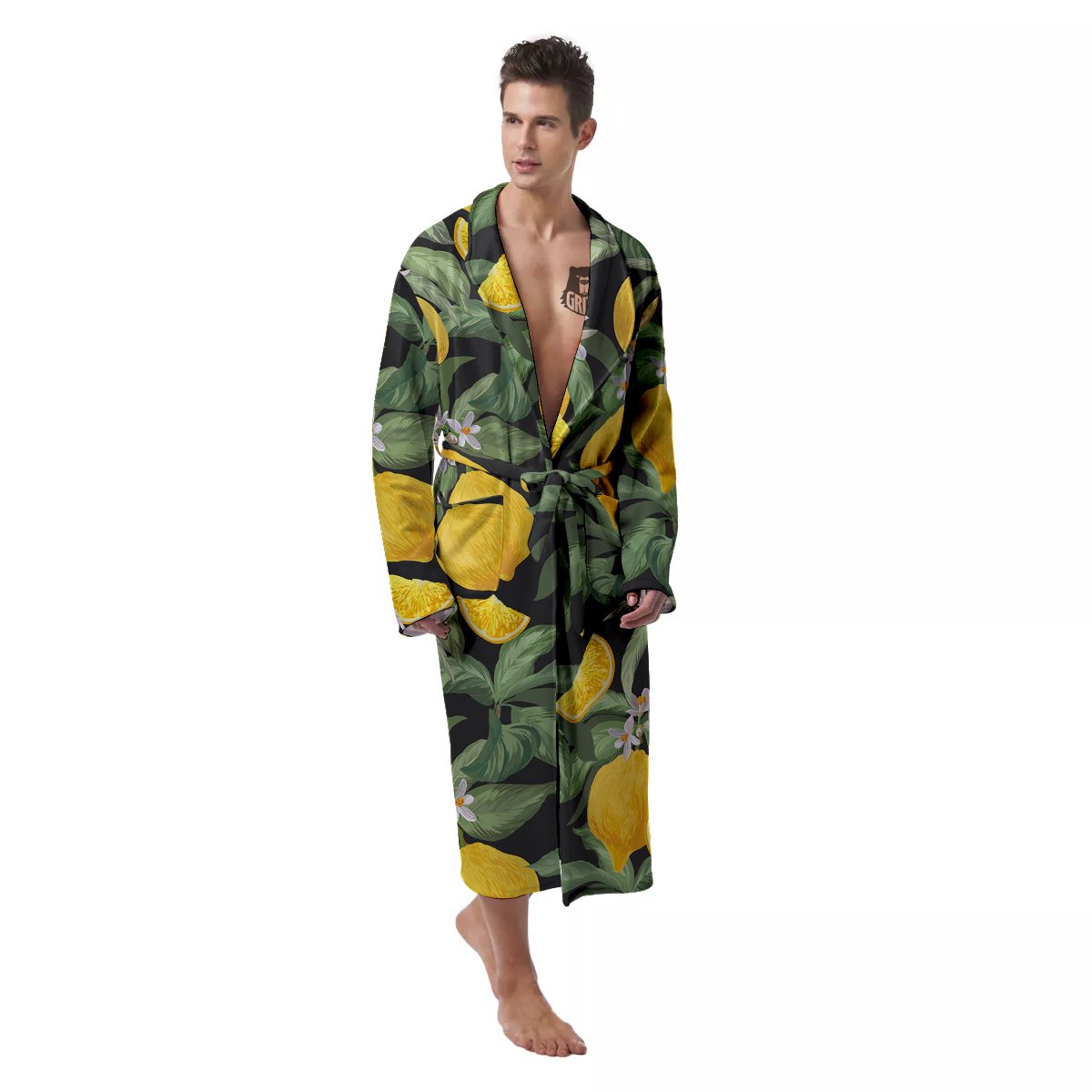 Lemon Yellow Print Pattern Men's Robe-grizzshop