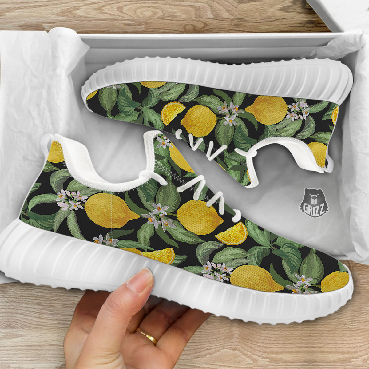 Lemon Yellow Print Pattern White Walking Shoes-grizzshop