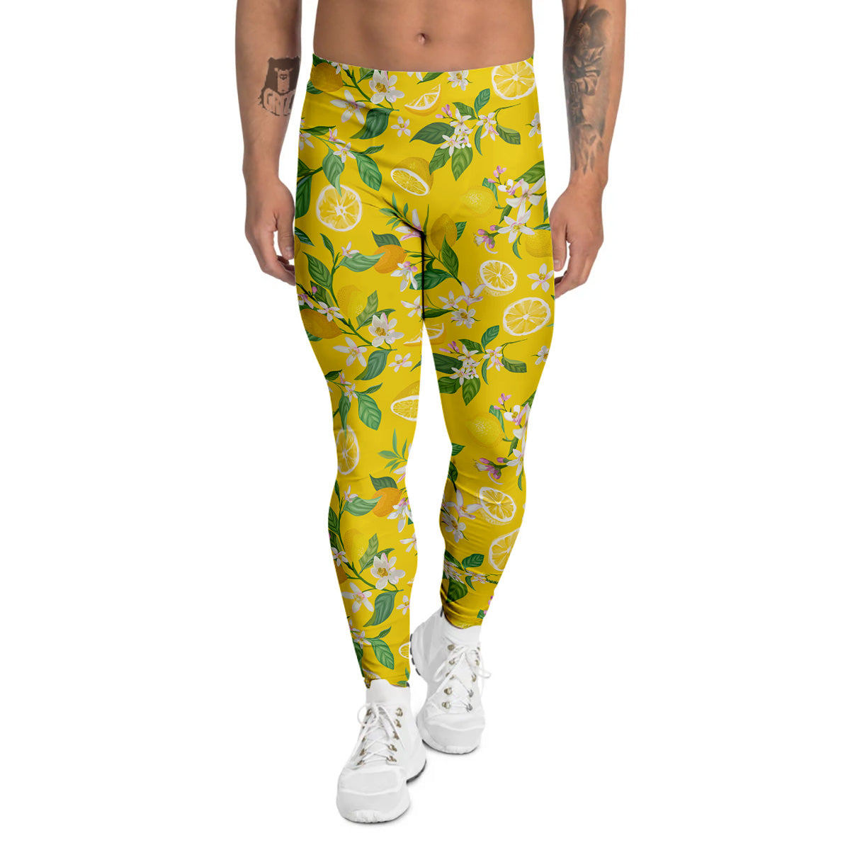 Lemon Yellow Topic Fruits Print Pattern Men's Leggings-grizzshop