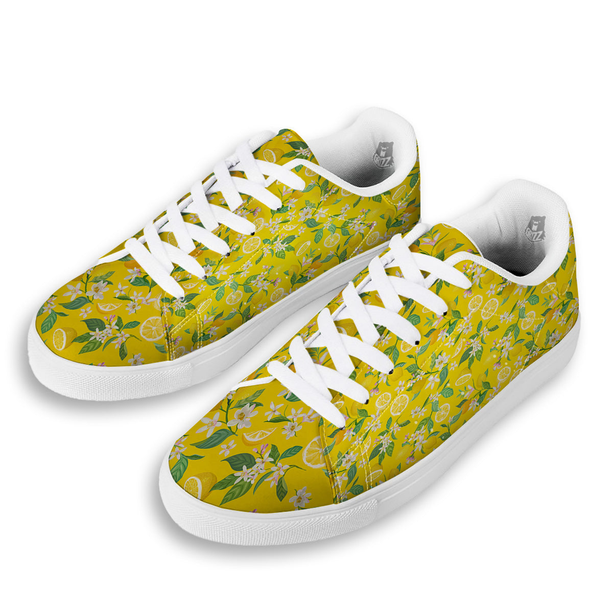 Lemon Yellow Topic Fruits Print Pattern White Low Top Sneakers-grizzshop