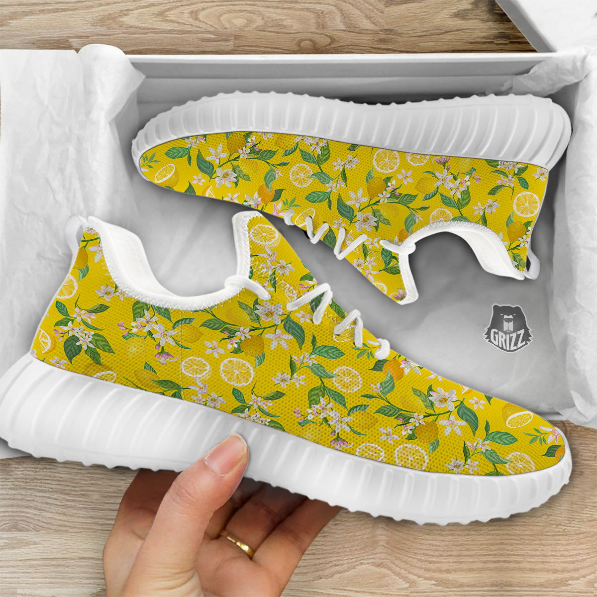 Lemon Yellow Topic Fruits Print Pattern White Walking Shoes-grizzshop