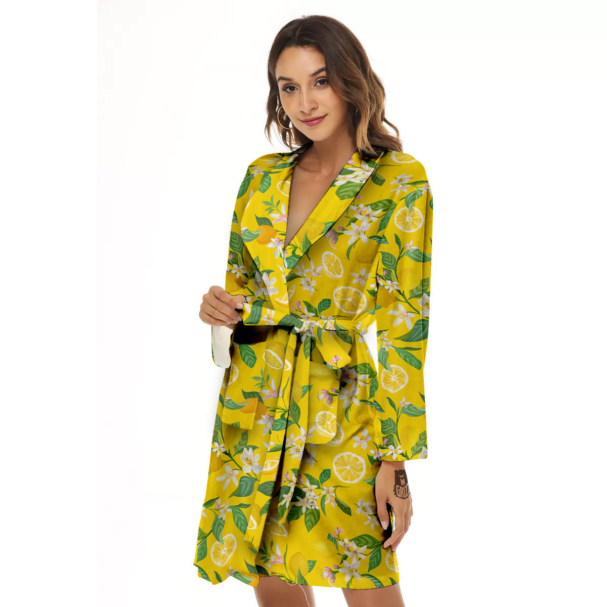 Lemon Yellow Topic Fruits Print Pattern Women's Robe-grizzshop