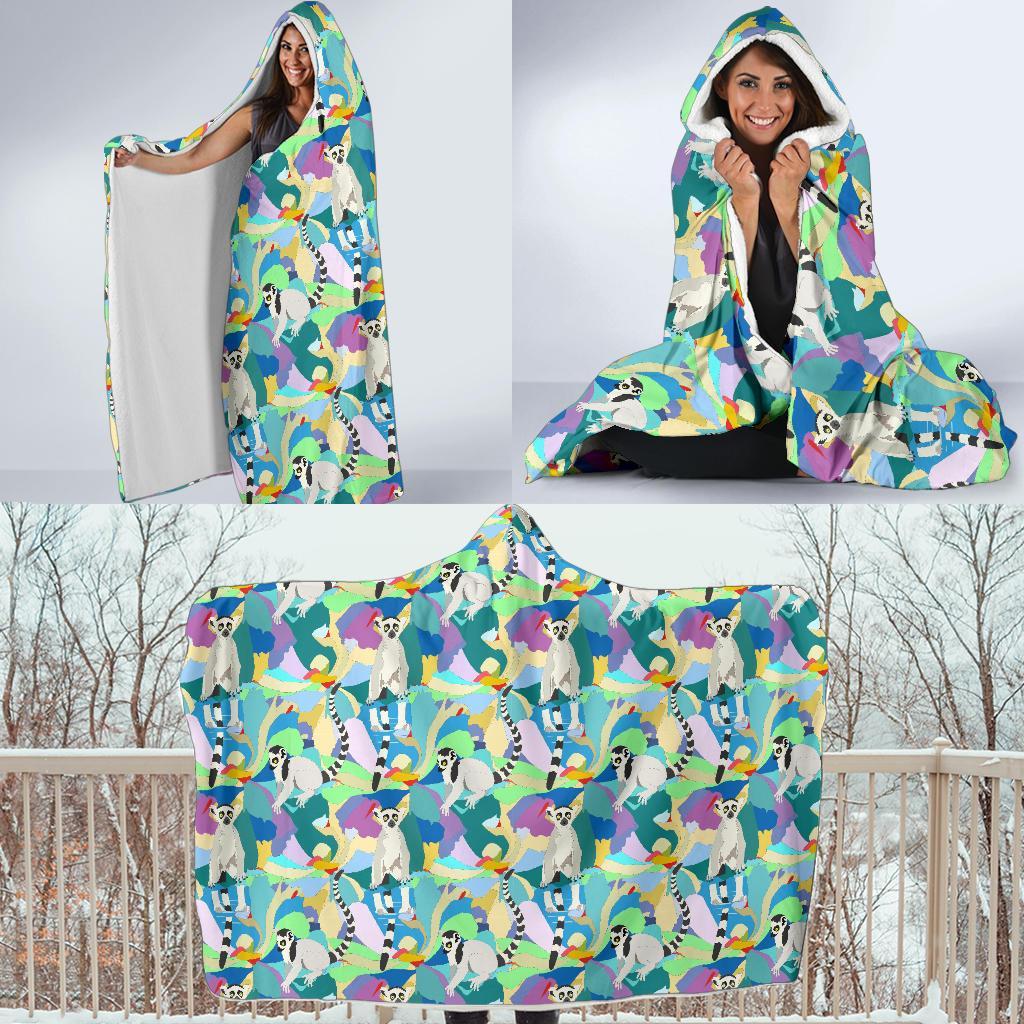 Lemur Colorful Pattern Print Hooded Blanket-grizzshop