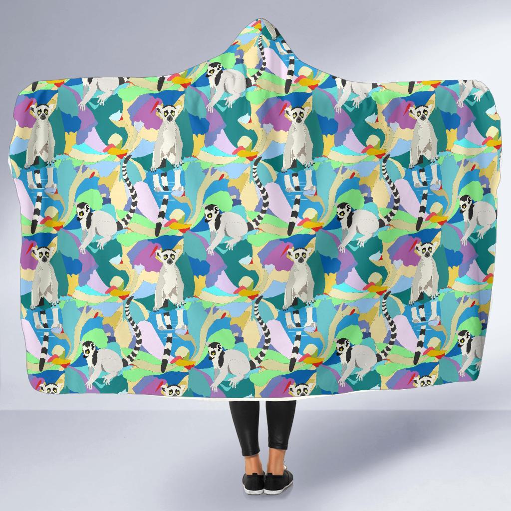 Lemur Colorful Pattern Print Hooded Blanket-grizzshop