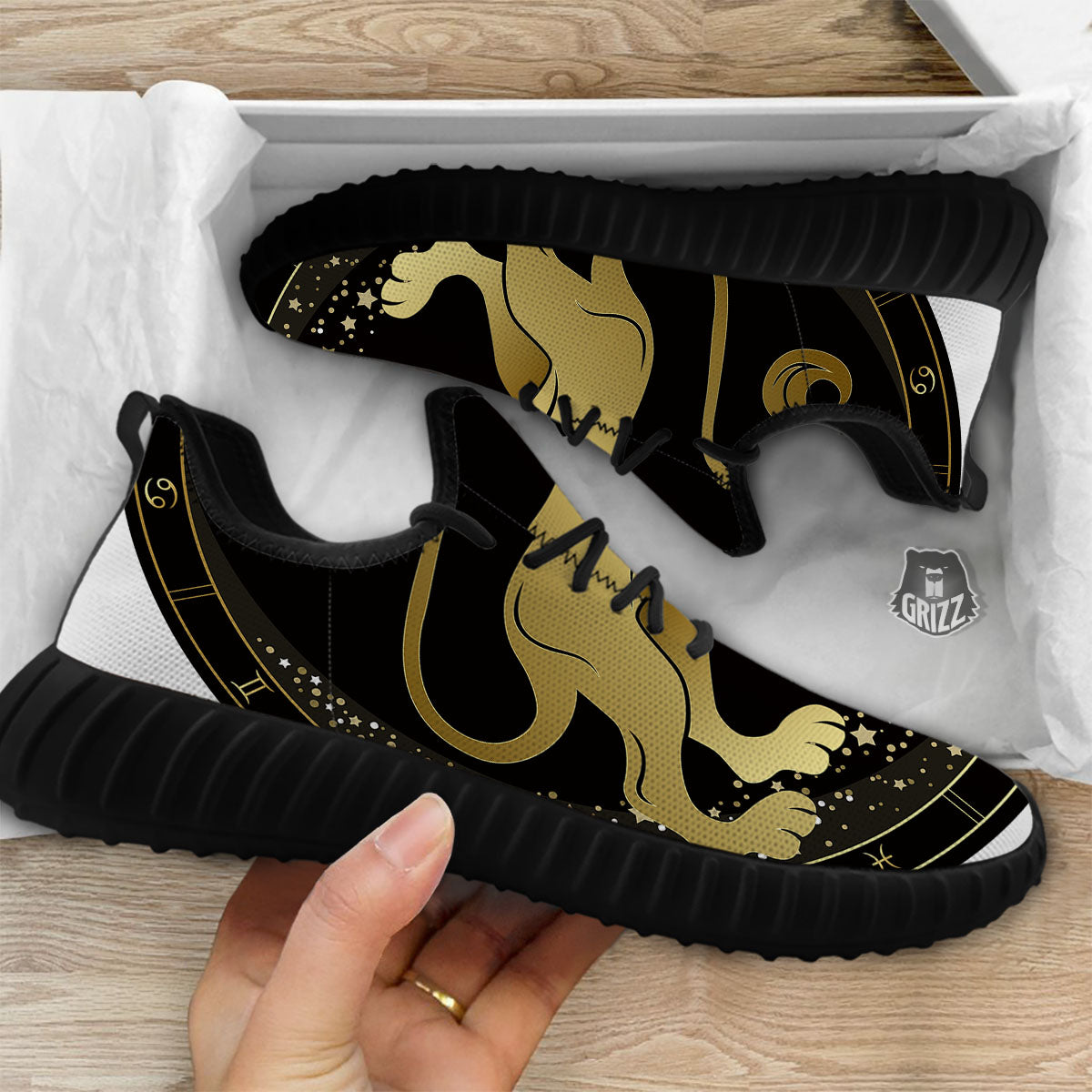 Leo Sign Black And Gold Print Black Walking Shoes-grizzshop