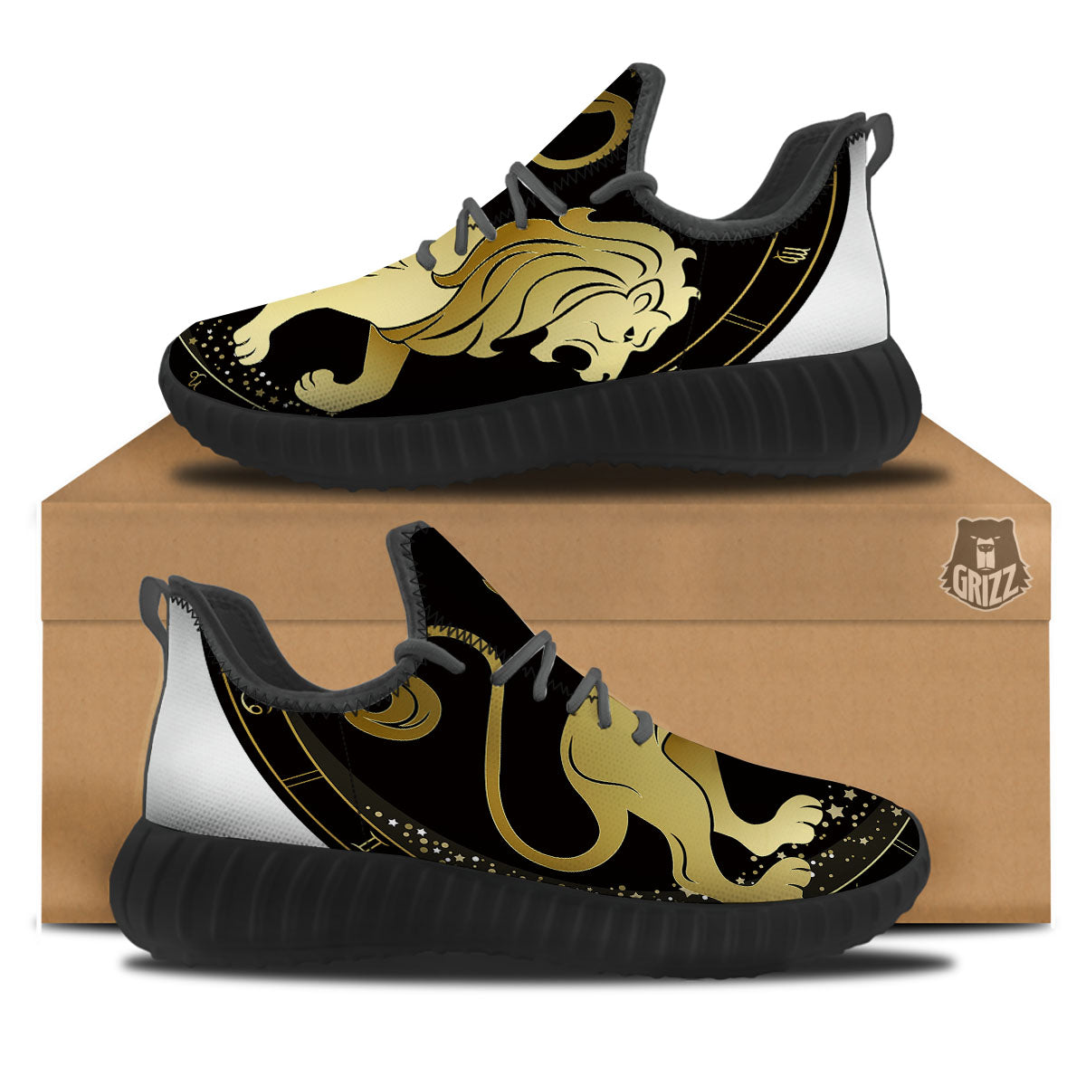 Leo Sign Black And Gold Print Black Walking Shoes-grizzshop