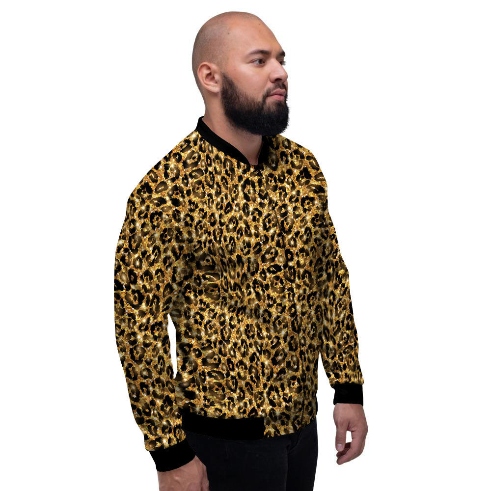 Leopard Glitter Gold Print Men's Bomber Jacket-grizzshop