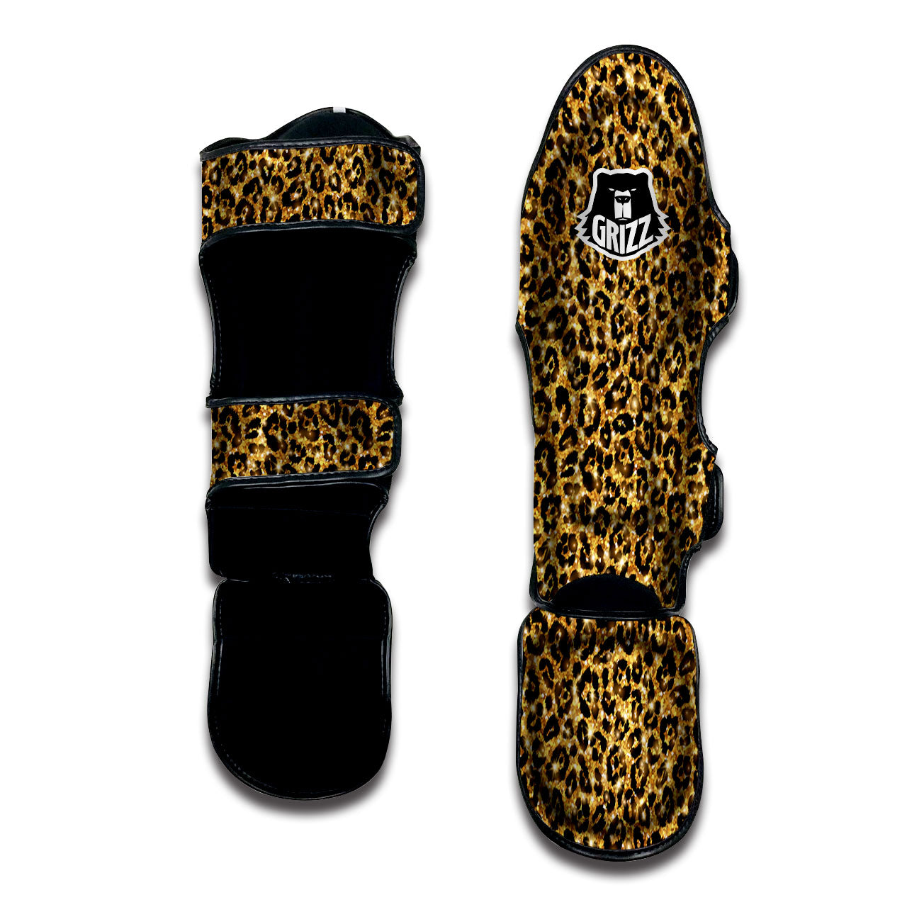 Leopard Glitter Gold Print Muay Thai Shin Guards-grizzshop
