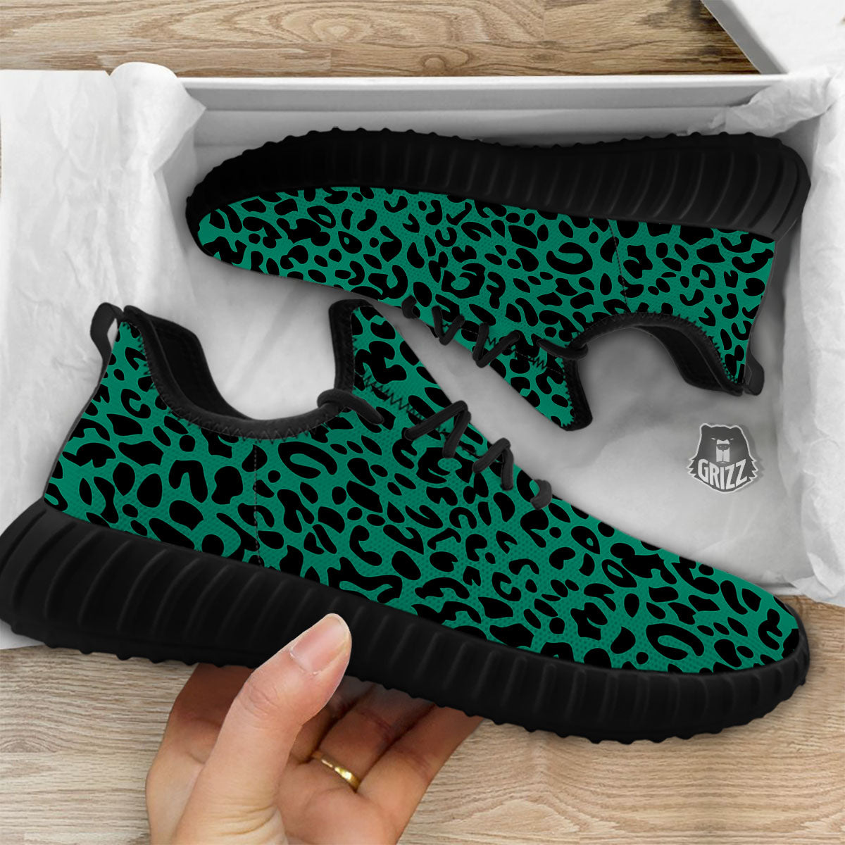 Leopard Green Print Black Walking Shoes-grizzshop
