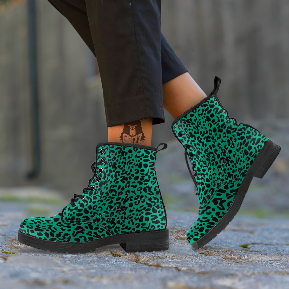 Leopard Green Print Leather Boots-grizzshop
