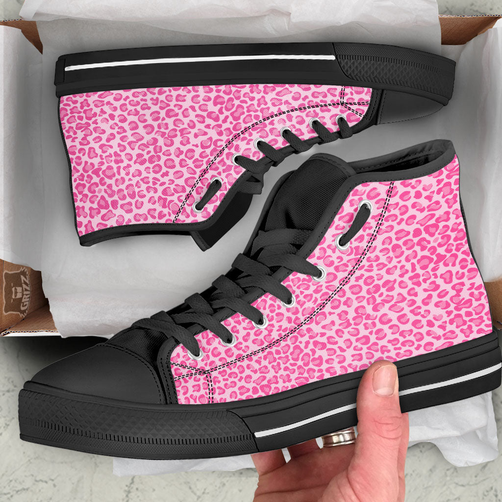 Leopard Pink Print Pattern Black High Top Shoes-grizzshop