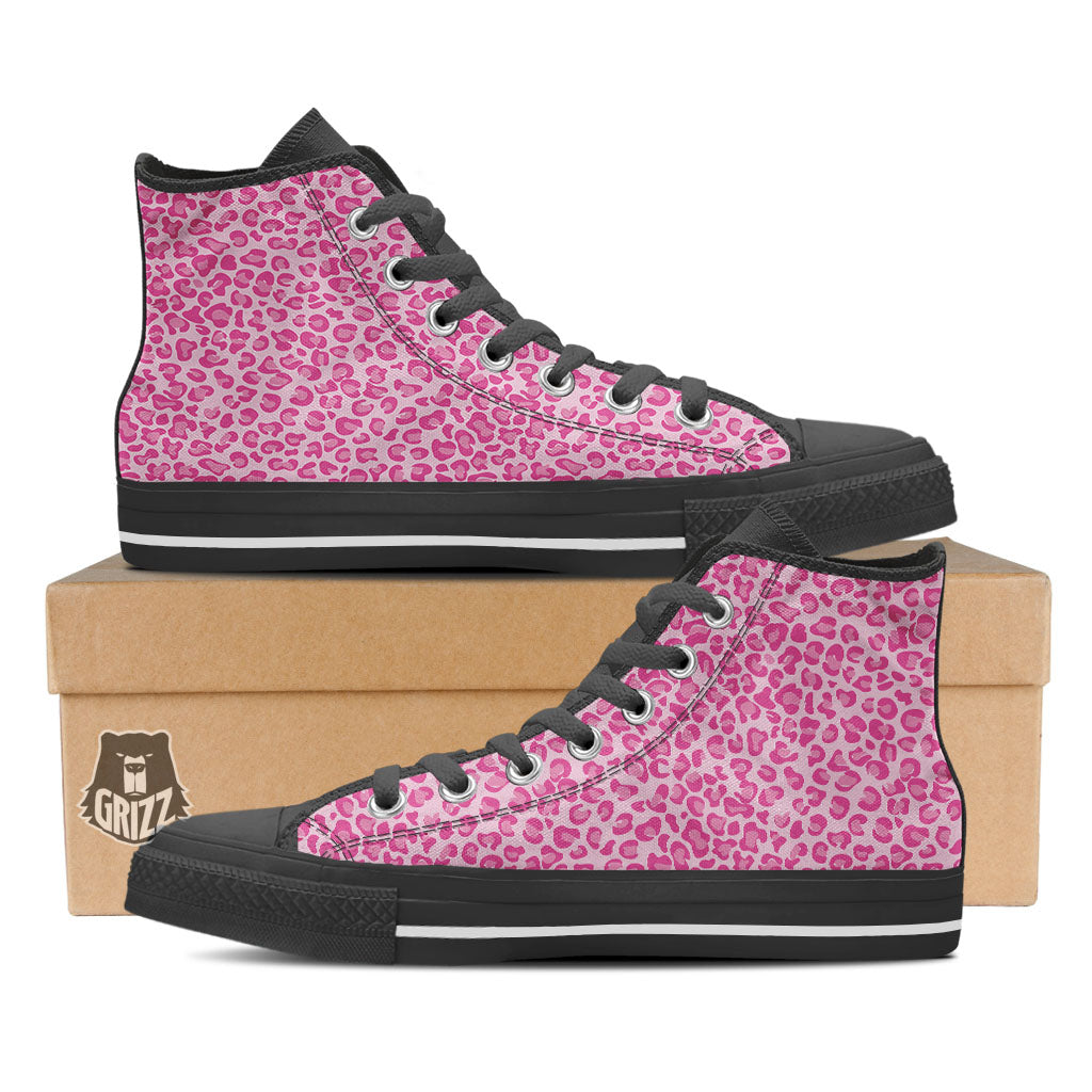 Leopard Pink Print Pattern Black High Top Shoes-grizzshop