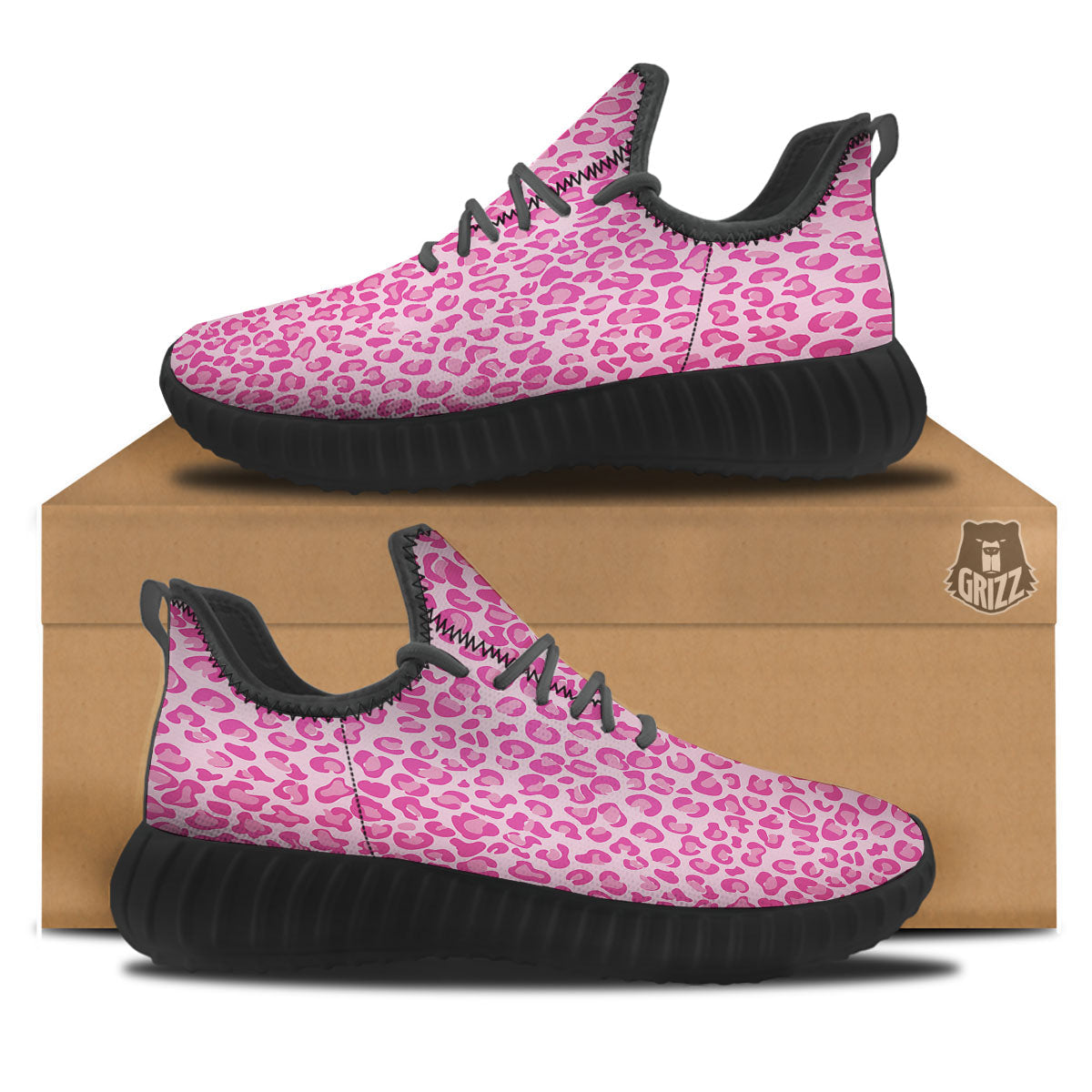 Leopard Pink Print Pattern Black Walking Shoes-grizzshop