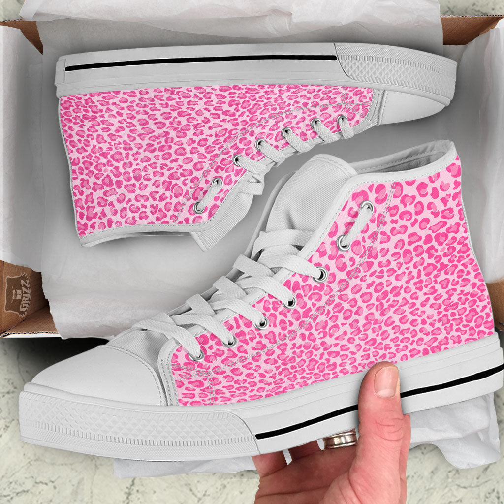 Leopard Pink Print Pattern White High Top Shoes-grizzshop